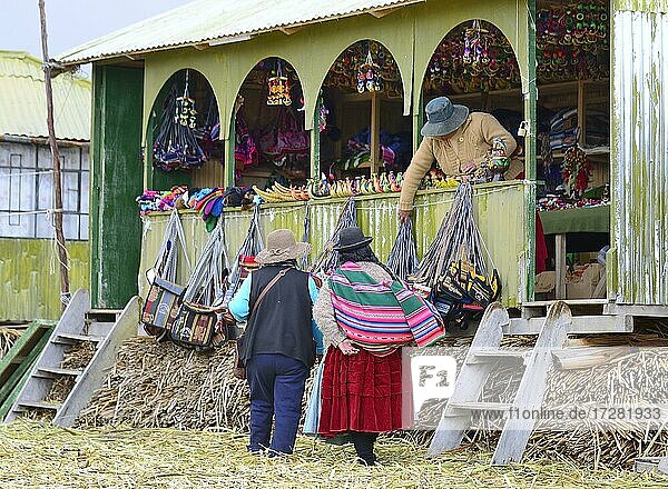 Souvenir shop with handicrafts on a floating island of the Uro  Lake Titicaca  Puno Province  Peru  South America
