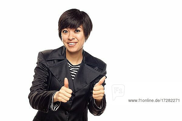Happy young mixed-race woman with two thumbs up isolated on a white background