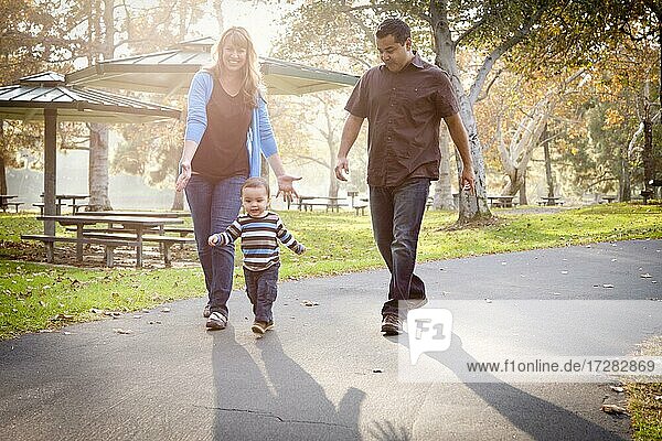 Happy young mixed-race ethnic family walking in the park