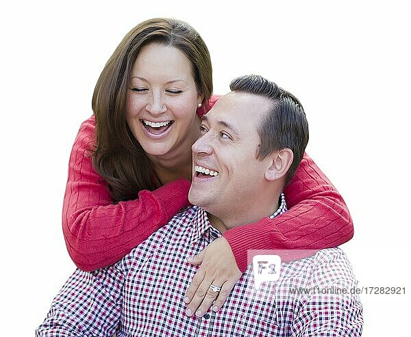 Attractive happy caucasian couple laughing isolated on a white background