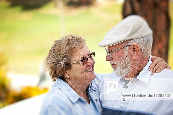 Glückliches älteres Paar genießt einander im Park