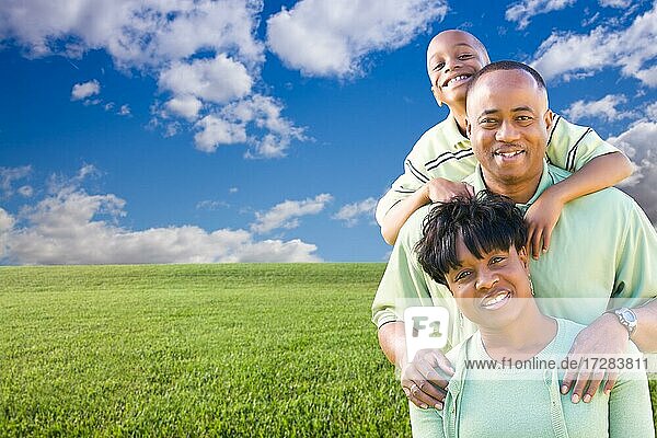 Happy african american family over grass field  clouds and blue sky  room for your own text to the left