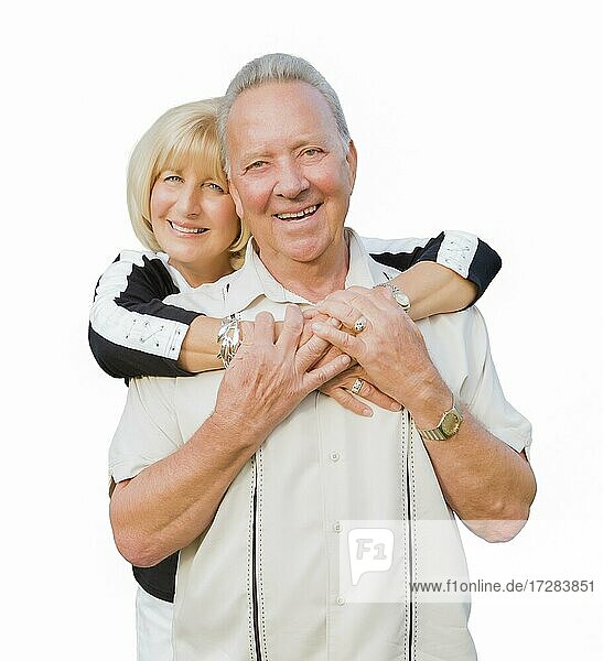 Happy attractive senior couple hugging isolated on white background