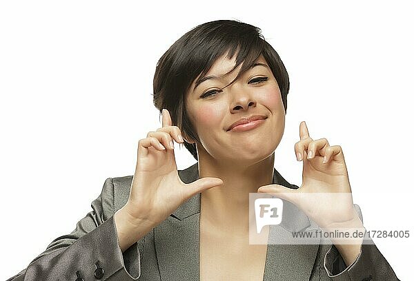 Attractive mixed-race young adult woman with hands framing her face isolated on white