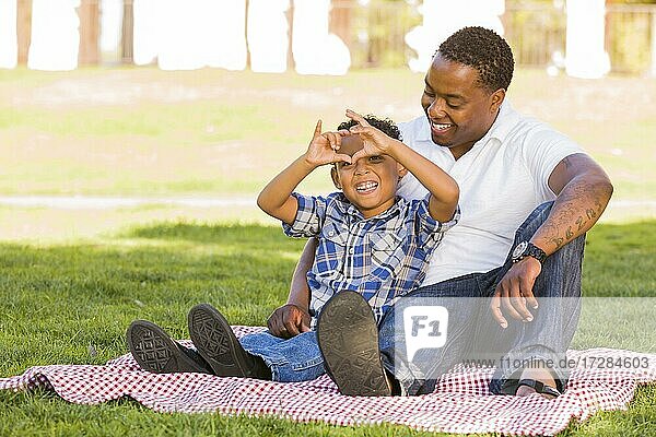 Glücklicher afrikanischer amerikanischer Vater und gemischtrassiger Sohn machen Herz-Handzeichen im Park