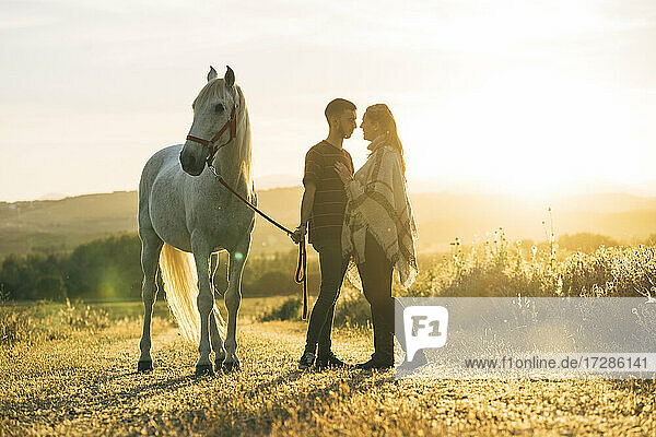 Romantisches junges Paar mit Pferd bei Sonnenuntergang auf einem Feld stehend