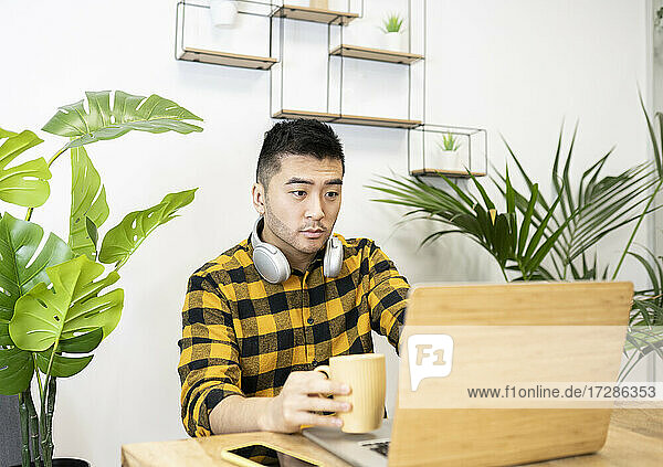 Junger Geschäftsmann mit Kaffeetasse und Laptop bei der Arbeit im Büro