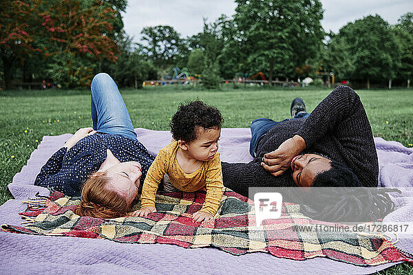 Multiethnische Familie entspannt sich auf einer Picknickdecke im Park