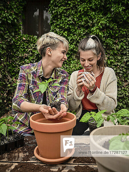 Lächelnde Frau sieht ihre Freundin an  die Kaffee trinkt  während sie im Garten pflanzt
