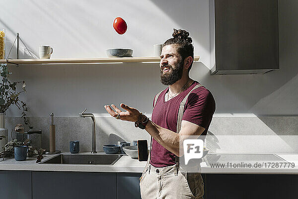 Bärtiger Mann spielt mit Tomate  während er an der Küchentheke steht