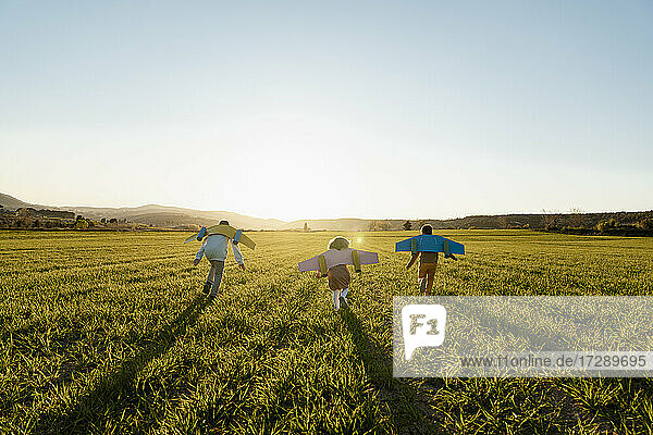 Verspielte Brüder und Schwestern mit Raketenflügeln  die an einem sonnigen Tag auf einem landwirtschaftlichen Feld laufen