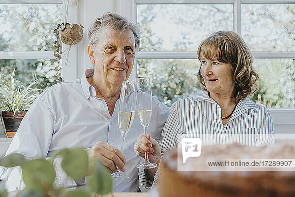 Senior couple toasting champagne flutes during celebration at home