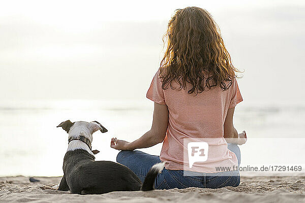 Rothaarige Frau meditiert mit Hund am Strand