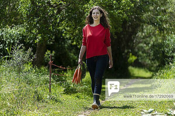 Junge Frau geht im Garten spazieren und hält ein Bündel frischer Karotten in der Hand