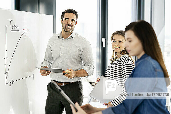 Lächelnder männlicher und weiblicher Unternehmer  die an einem Whiteboard stehen  während ein Kollege im Büro an einem Laptop arbeitet