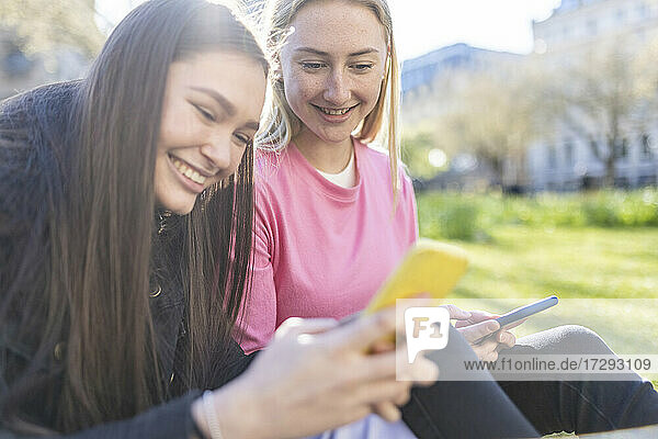 Lächelnde Frau mit braunem Haar  die einer Freundin im Park eine SMS schickt