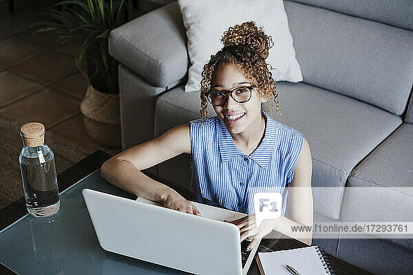 Lächelnde Frau  die zu Hause am Laptop arbeitet