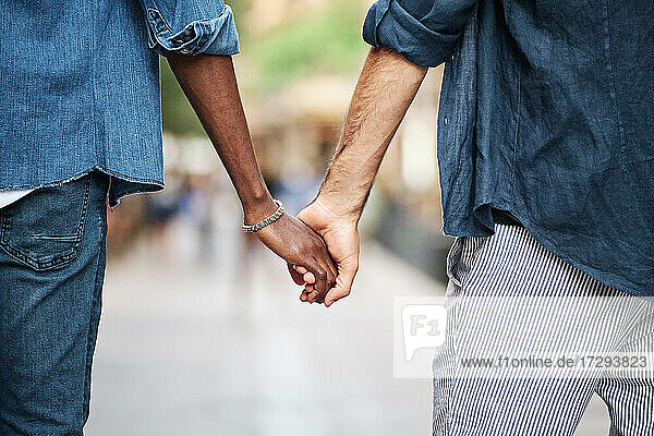 Zärtliches schwules Paar  das sich beim Gehen an den Händen hält