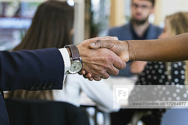 Männliche und weibliche Berufstätige beim Händeschütteln mit Kollegen bei einem Treffen im Büro