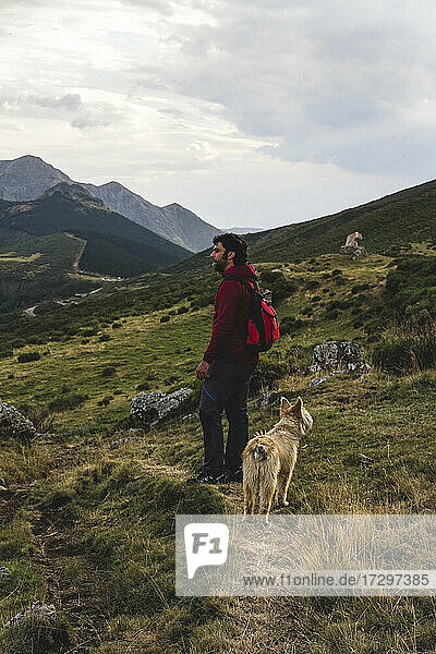 Man walking in the mountain with a dog in the Picos de Europa