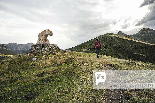 Mann  der in den Bergen neben der Bärenstatue Picos de Europa spazieren geht