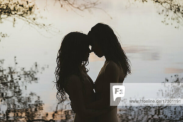 Romantische pastellfarbene Silhouette eines lesbischen Queer-Paares am See