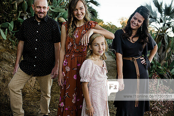 Family of Four Posing in Desert Garden in San Diego
