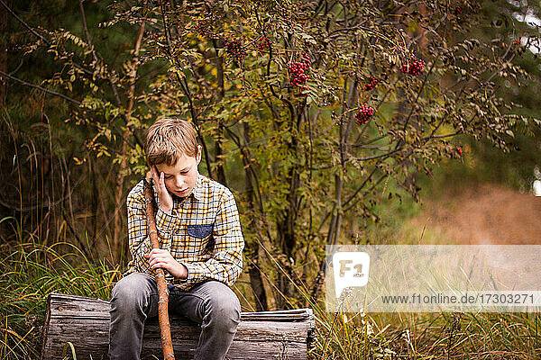 Der blonde Jungenwuchs sitzt im Wald auf einem Baumstamm  schaut nachdenklich und
