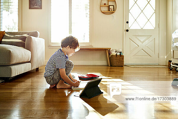 Boy sitting on hardwood floor while studying in living room at home