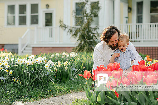 Vater lehrt Kleinkind Sohn über Blumen im Tulpengarten
