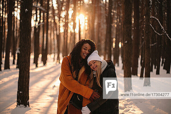 Porträt eines glücklichen lesbischen Paares  das sich im Winter im Park umarmt