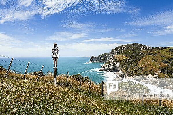 Guy at a cliff  Cape Farewell  Golden Bay  South Island  New Zealand  Oceania
