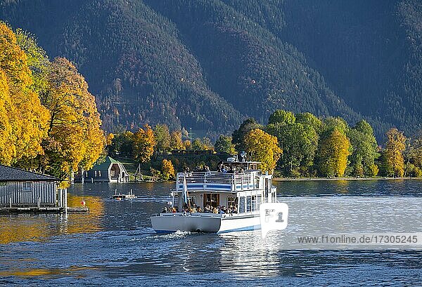 Ferry at the jetty  autumn  Tegernsee  Upper Bavaria  Bavaria  Germany  Europe