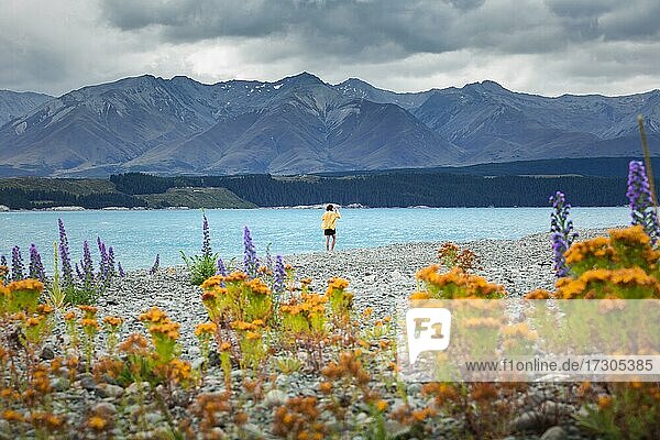 Kerl an einem Strand am Lake Tekapo  Region Canterbury  Mackenzie District  Südinsel  Neuseeland  Ozeanien