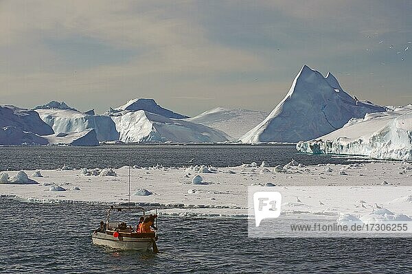 Fischerboot vor Eisbergen  Diskobucht  Ilulissat  Grönland  Dänemark  Nordamerika