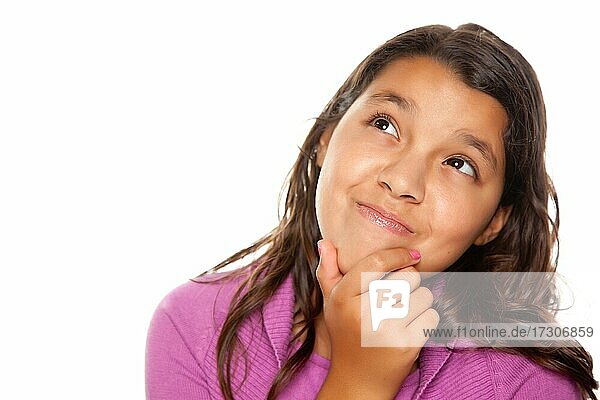 Pretty hispanic girl thinking isolated on a white background