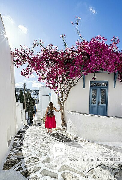 Weiß-blaue Häuser mit blühender lila Bougainvillea (Bougainvillea)  Junge Frau mit Rotem Kleid in der Altstadt von Lefkes  Paros  Kykladen  Griechenland  Europa