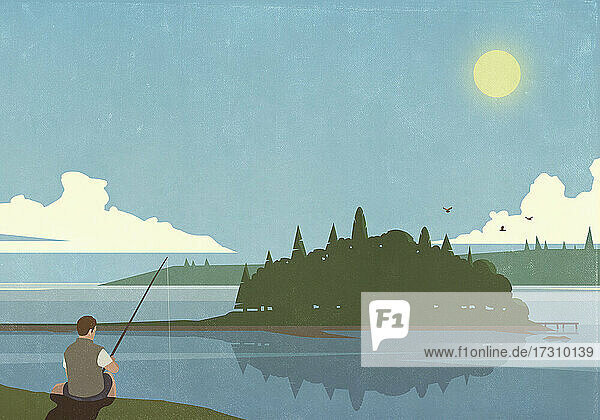 Mann Angeln an ruhigen Sommer See mit Insel