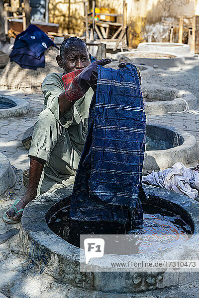 Mann beim Färben von Kleidung mit Indigo  Färbegruben  Kano  Staat Kano  Nigeria  Westafrika  Afrika