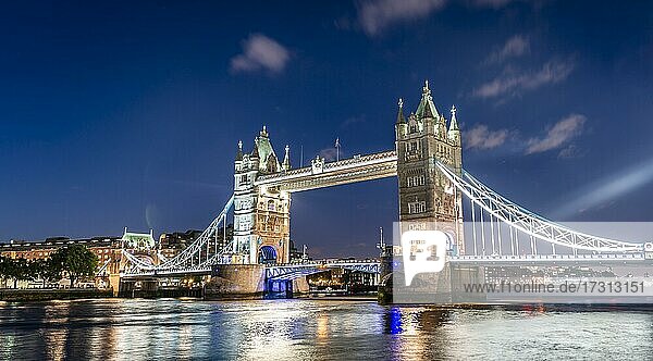 Illuminated Tower Bridge over the Thames in the evening  London  England  United Kingdom  Europe