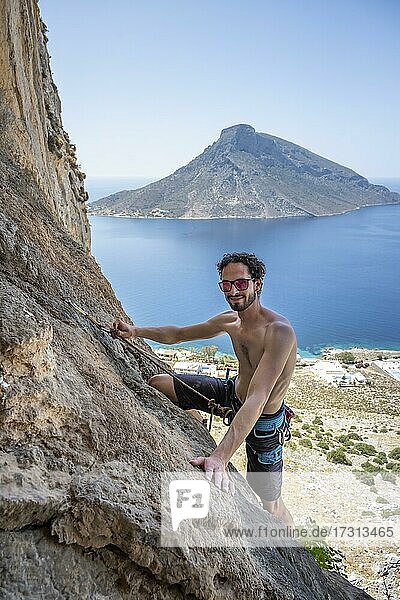 Armeos sector  rock face climbing  lead climbing  sport climbing  back island of Telendos  Kalymnos  Dodecanese  Greece  Europe
