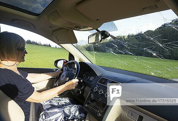 Zersprungene Windschutzscheibe durch Hagelkörner an einem Auto  Hagelschaden  Österreich  Europa