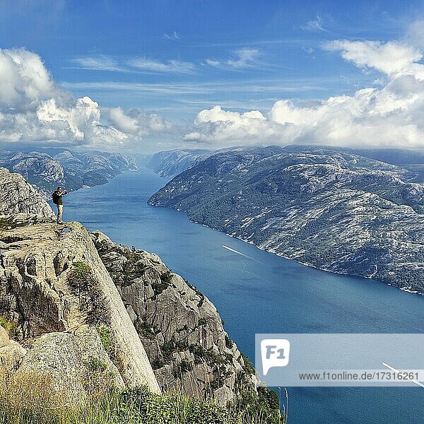 View from Preikestolen to Lysefjord and mountains  Ryfylke  Rogaland  Norway  Europe