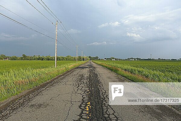 Country road across fields with storm clouds  Province of Quebec  Canada  North America