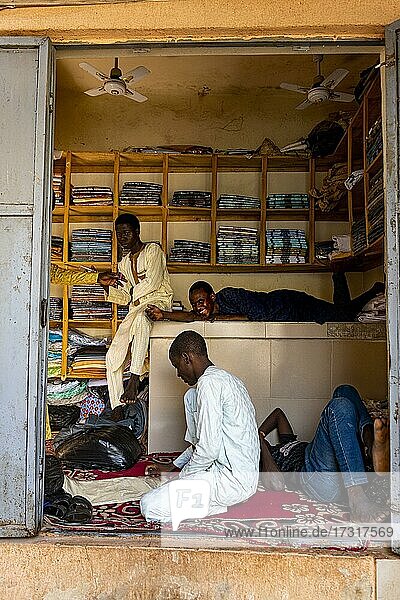 Boys hanging out in a shop in the bazaar  Kano  Kano state  Nigeria  Africa
