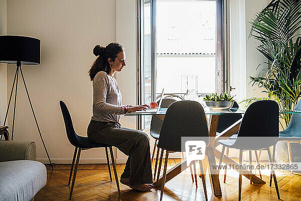 Frau benutzt Laptop  während sie zu Hause am Esstisch sitzt