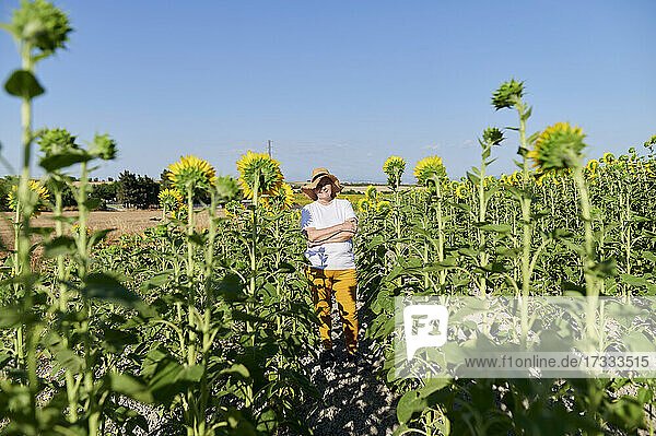 Ältere Frau steht mit verschränkten Armen inmitten eines Sonnenblumenfeldes an einem sonnigen Tag