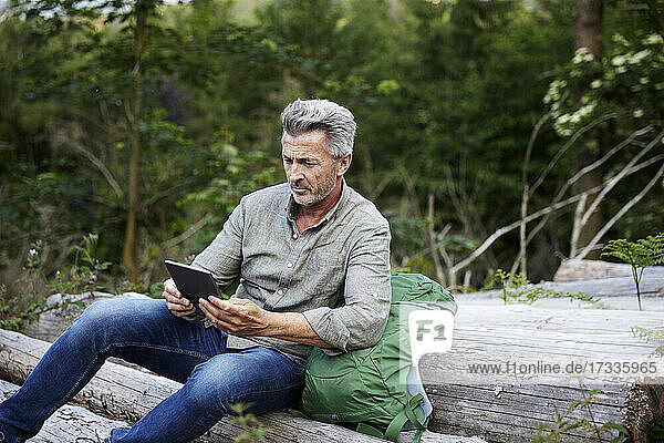 Männlicher Wanderer benutzt ein digitales Tablet  während er auf einem Baumstamm sitzt
