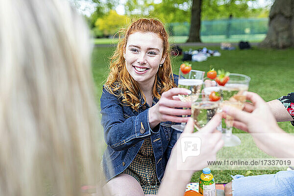 Smiling woman toasting drink with friends during picnic at park