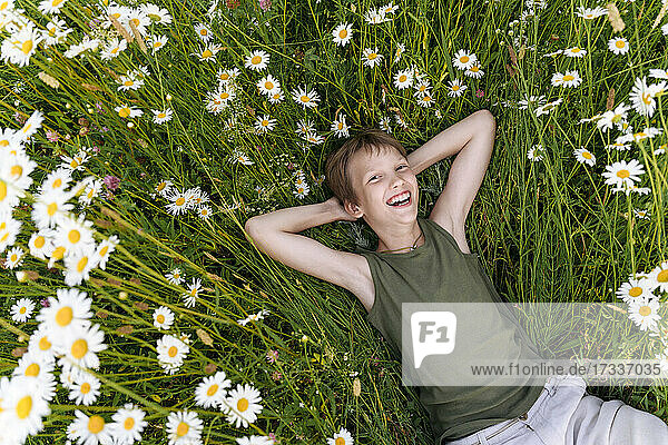 Fröhlicher Junge mit Händen hinter dem Kopf in einem Blumenfeld ruhend